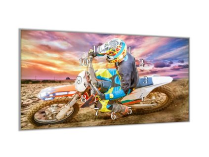 Nástěnné hodiny 30x60cm motocross na draze (Materiál kalené sklo)