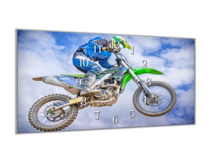 Nástěnné hodiny 30x60cm jezdec ve skoku motocross (Materiál kalené sklo)