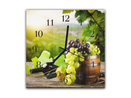 Nástěnné hodiny 30x30cm láhve a hrozny vína u sudu (Materiál kalené sklo)