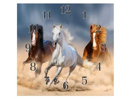 Nástěnné hodiny tři koně v běhu 30x30cm (Materiál kalené sklo)