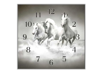 Nástěnné hodiny 30x30cm tři bílí koně v běhu (Materiál kalené sklo)