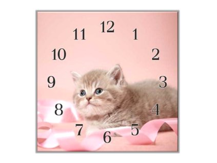 Nástěnné hodiny 30x30cm roztomilé kotě (Materiál kalené sklo)