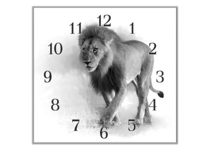 Nástěnné hodiny 30x30cm šelma černo bílý lev (Materiál kalené sklo)