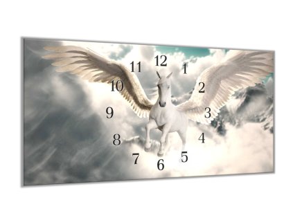 Nástěnné hodiny 30x60cm kůň pegas (Materiál kalené sklo)