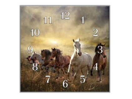 Nástěnné hodiny 30x30cm stádo koní v klusu (Materiál kalené sklo)