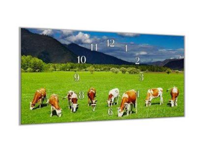 Nástěnné hodiny 30x60cm krávy na pastvě v horách (Materiál kalené sklo)
