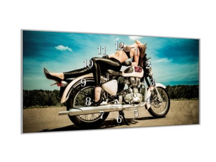 Nástěnné hodiny 30x60cm žena na bílé motorce (Materiál kalené sklo)