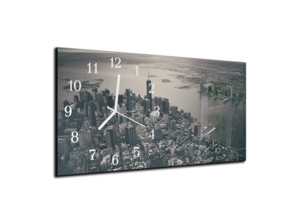 Nástěnné hodiny 30x60cm pohled na město černobílé (Materiál kalené sklo)