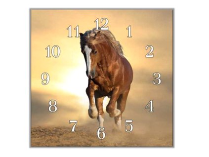 Nástěnné hodiny 30x30cm hnědý kůň v klusu (Materiál kalené sklo)