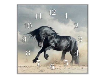 Nástěnné hodiny 30x30cm fríský kůň v prachu písku (Materiál kalené sklo)