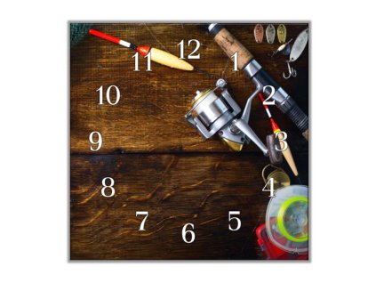 Nástěnné hodiny 30x30cm potřeby pro rybáře (Materiál kalené sklo)