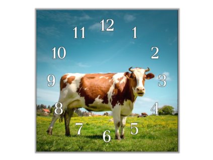 Nástěnné hodiny 30x30cm kráva na pastvě (Materiál kalené sklo)