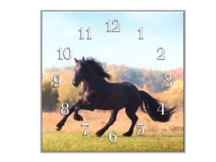 Nástěnné hodiny 30x30cm klusající Fríský kůň (Materiál kalené sklo)