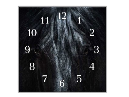 Nástěnné hodiny 30x30cm detail Fríský kůň (Materiál kalené sklo)