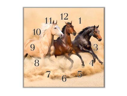 Nástěnné hodiny 30x30cm tři koně v prachu (Materiál kalené sklo)