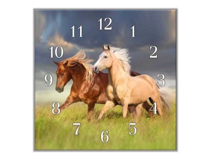 Nástěnné hodiny 30x30cm dva koně v trávě (Materiál kalené sklo)