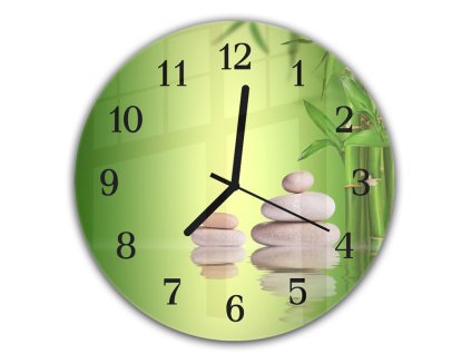 Nástěnné hodiny kulaté pr.30cm zátiší  kameny a bambus na hladině (Materiál kalené sklo)