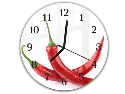 Nástěnné hodiny kulaté pr.30cm dvě chilli papričky na bílém pozadí (Materiál kalené sklo)