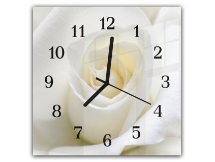 Nástěnné hodiny 30x30cm detail květu růže bílé barvy (Materiál kalené sklo)