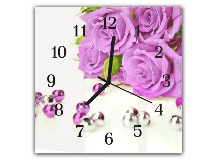 Nástěnné hodiny 30x30cm květ fialové růže a perly (Materiál kalené sklo)