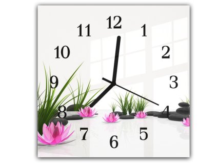 Nástěnné hodiny 30x30cm tráva, růžové květy, kameny (Materiál kalené sklo)