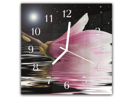 Nástěnné hodiny 30x30cm růžová magnolie na noční hladinou vody (Materiál kalené sklo)