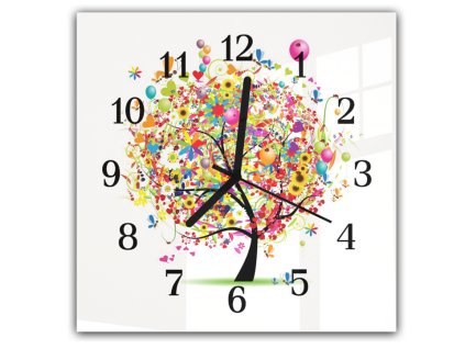 Nástěnné hodiny 30x30cm veselý barevný strom s balónky (Materiál kalené sklo)