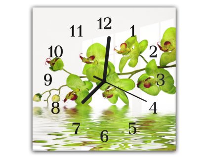 Nástěnné hodiny 30x30cm květy žluté orchideje nad hladinou (Materiál kalené sklo)
