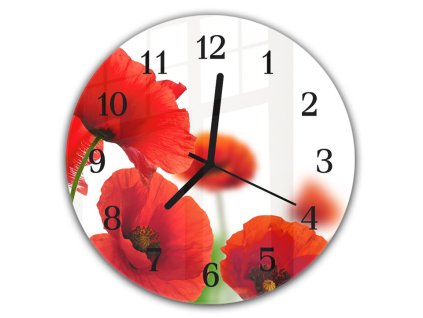Nástěnné hodiny kulaté pr.30cm detail květy červené vlčí máky (Materiál kalené sklo)