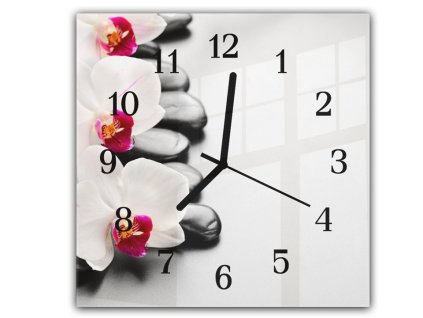 Nástěnné hodiny 30x30cm bílé květy orchideje, černý kámen, šedý poklad (Materiál kalené sklo)