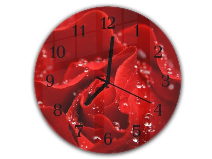 Nástěnné hodiny kulaté pr.30cm detail květu červené růže s rosou (Materiál kalené sklo)