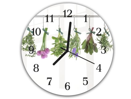 Nástěnné hodiny kulaté pr.30cm čerstvé bylinky na tyči (Materiál kalené sklo)
