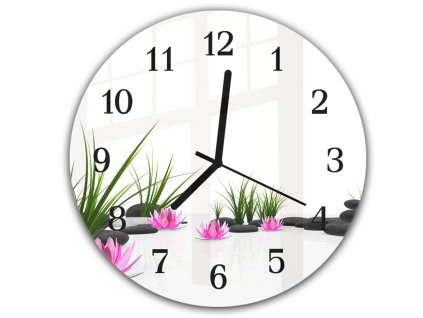 Nástěnné hodiny kulaté pr.30cm růžové květy, tráva a kameny (Materiál kalené sklo)