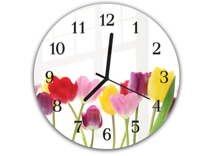 Nástěnné hodiny kulaté pr.30cm květy barevných tulipánů (Materiál kalené sklo)