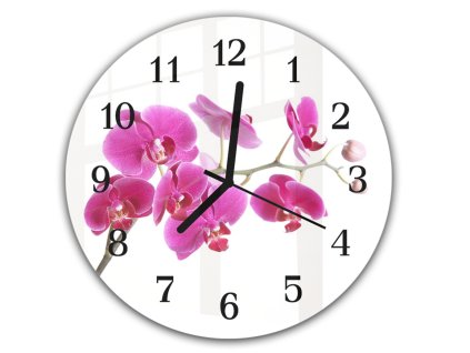 Nástěnné hodiny kulaté pr.30cm květy fialové orchideje (Materiál kalené sklo)