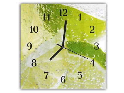 Nástěnné hodiny 30x30cm ovoce limetka ve vodě (Materiál kalené sklo)