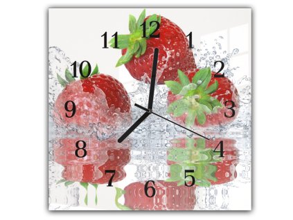 Nástěnné hodiny 30x30cm ovoce tři jahody ve vodě (Materiál kalené sklo)