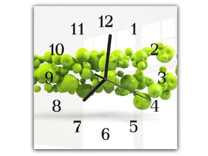 Nástěnné hodiny 30x30cm ovoce zelené jablka bílý podklad (Materiál kalené sklo)