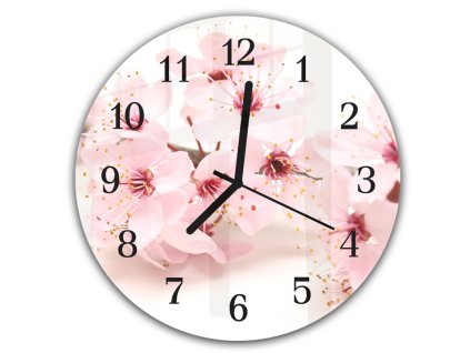 Nástěnné hodiny kulaté pr.30cm růžové květy stromu (Materiál kalené sklo)