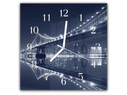 Nástěnné hodiny 30x30cm most Manhattan v noci (Materiál kalené sklo)