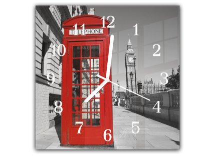 Nástěnné hodiny 30x30cm telefonní budka v Londýně a věž Big Ben (Materiál kalené sklo)