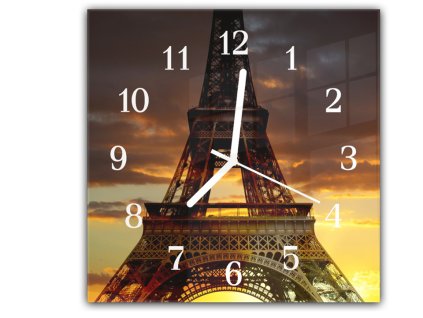 Nástěnné hodiny 30x30cm město Paříž detail Eiffel věž v západu slunce (Materiál kalené sklo)