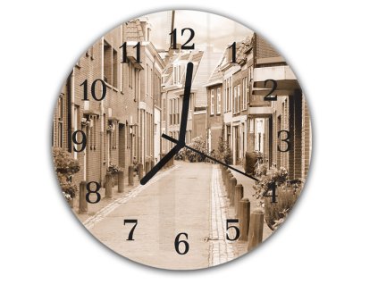 Nástěnné hodiny kulaté pr.30cm boční klidná ulice ve městě (Materiál kalené sklo)