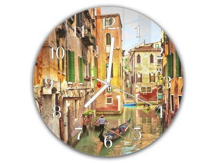 Nástěnné hodiny pr.30cm město Benátky v Itálii s gondolou (Materiál kalené sklo)