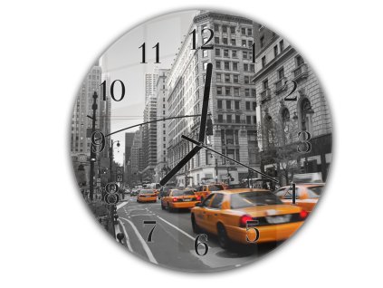 Nástěnné hodiny kulaté pr.30cm žluté taxi ve městě Manhattan (Materiál kalené sklo)