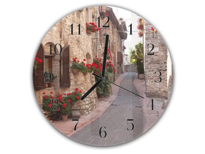 Nástěnné hodiny kulaté pr.30cm ulička ve městě Assisi Itálie (Materiál kalené sklo)