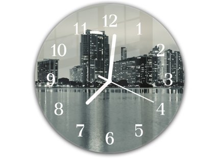 Nástěnné hodiny pr.30cm noční město Miami v černobílé barvě (Materiál kalené sklo)