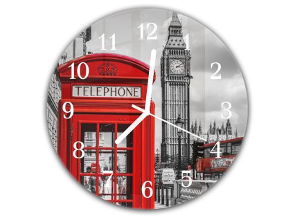 Nástěnné hodiny kulaté pr.30cm červená telefonní budka v Londýně (Materiál kalené sklo)