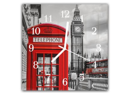 Nástěnné hodiny 30x30cm Anglie Londýn červená budka a Big Ben (Materiál kalené sklo)