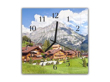 Nástěnné hodiny 30x30cm hory Alpská krajina (Materiál kalené sklo)